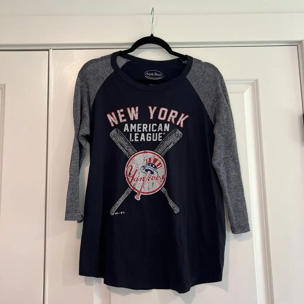 Majestic Threads Women's NY Yankees Two Tone Longsleeve Grey Black Sz L - Picture 4 of 9